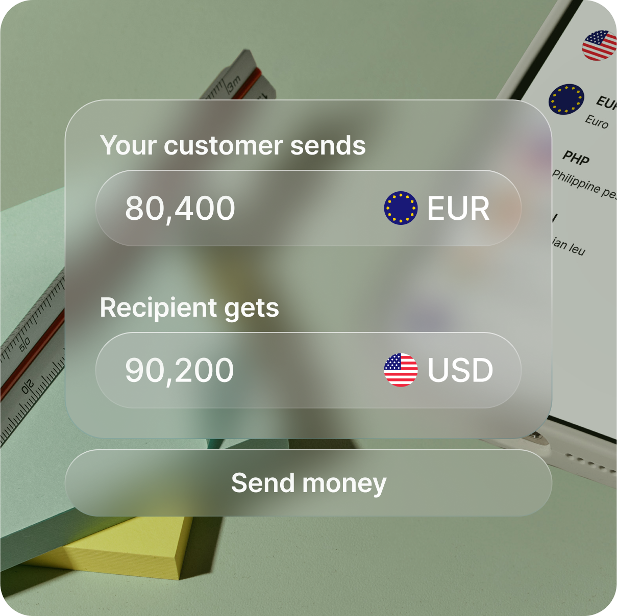 A translucent interface displays an EUR to USD currency conversion, overlaid on a desk with office supplies.